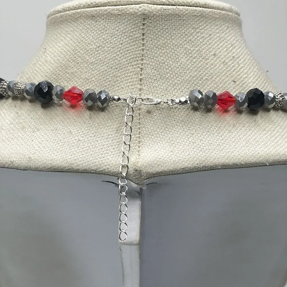 Artisan Gothic Cross Pendant Red Black White Glass Beaded Necklace Statement